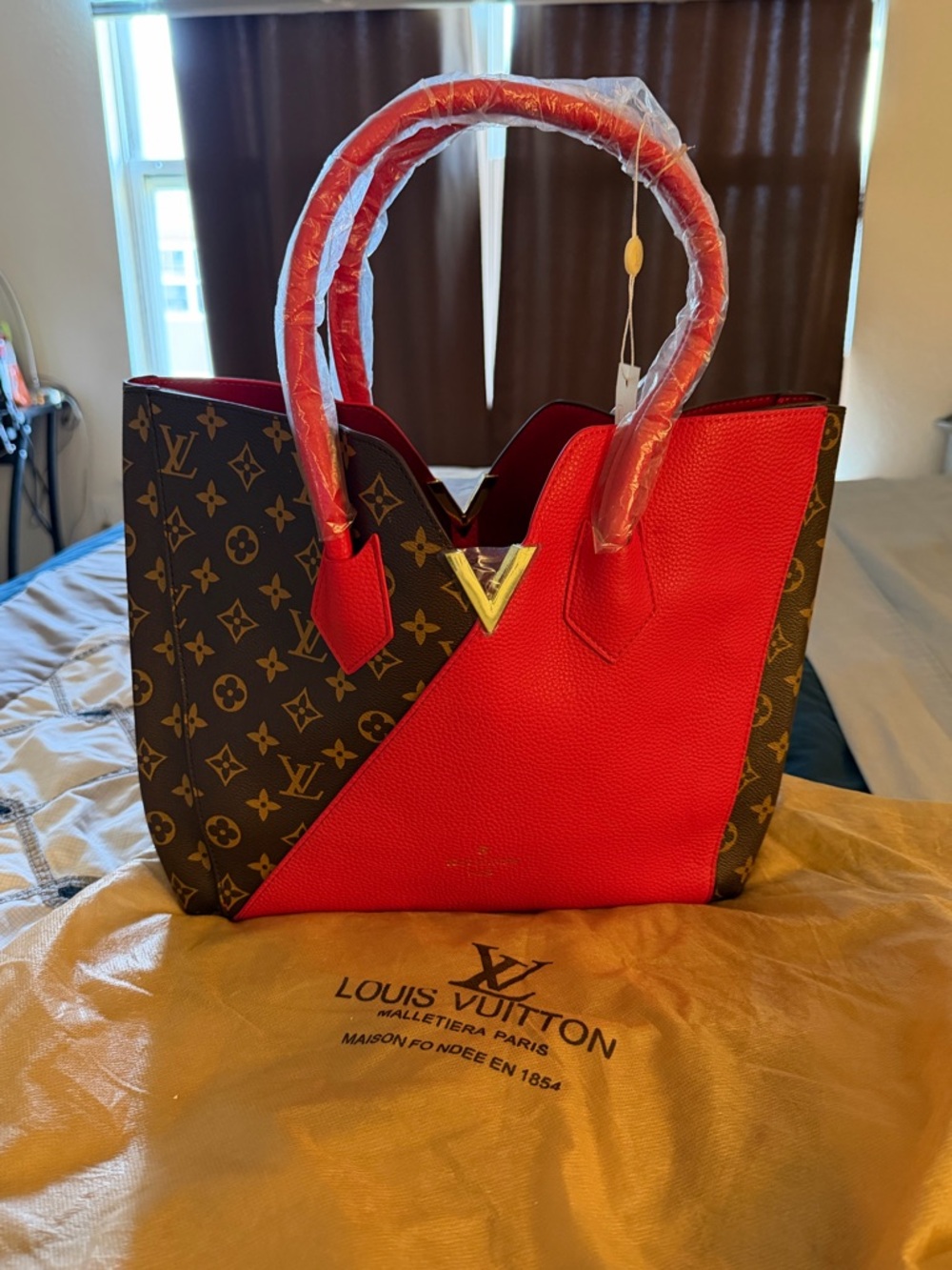 Fashion Nova Red and Brown Monogram Contrast Tote